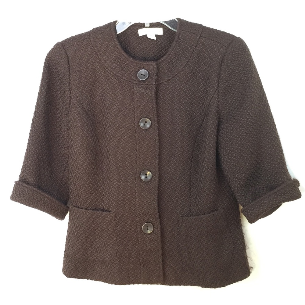Dark Academia Boucle Brown Tweed woven short jacket 3/4 sleeves